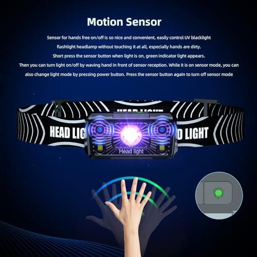 SEVENKA Lanterna de cabeça UV 2 em 1, luz preta, LED recarregável, luz negra UV mãos-livres, 395 nm,