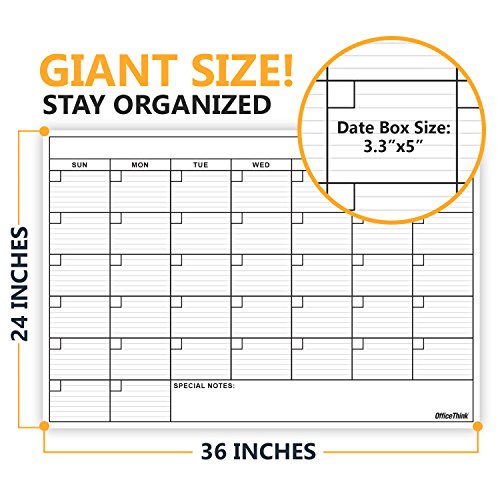 Dry Erase Laminated Jumbo Wall Calendar, Huge 24-Inch By36-Inch Size, Monthly Planner For Home Office, Classroom, Large Date Boxes, Reusable Film, Never Folded, Includes 5 Markers, 8 Tacks. I Eraser #TOP3