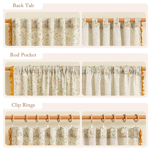 Image of MYSKY HOME Floral Boho Linen Curtains 84 Inch Long 2 Panels Set with Yellow Tassels Farmhouse Vintage Semi Sheer Bohemian Living Room Bedroom Window Curtains Rustic Country Back Tab, 50 inchW, Green Leaf