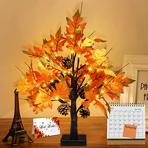 Top Hill 24" Artificial Fall Lighted Maple Tree, 24 Led Lighted Thanksgiving Fall Maple Tree Decor, Lighted Fall Tree With Acorn & Pine Cones For Indoor Outdoor Home Decor Wedding Party Autumn Harvest #TOP27