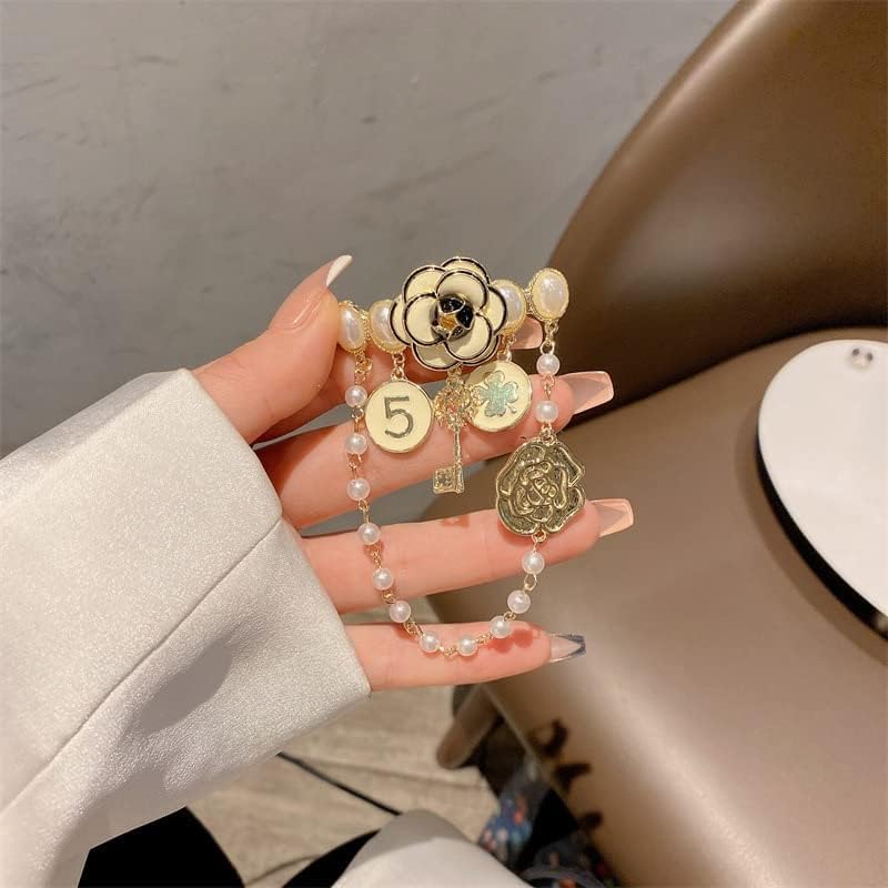 Miniatura 4 de Broche de cadena colgante de perlas de imitación, elegantes alfileres de solapa, regalo de joyería vintage para mujer, Perla simulada, aleación,