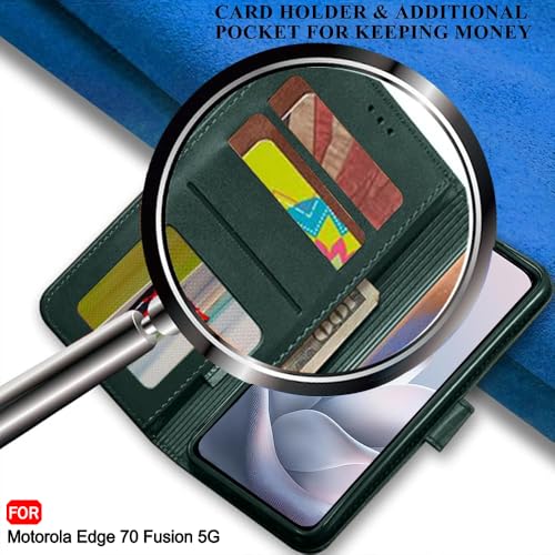 Image of TheGiftKart Flip Cover Back Case for Motorola Moto Edge 70 Fusion 5G | Genuine Leather Finish | Designer Button | Inbuilt Pockets & Stand | Wallet Style Flip Back Cover Case (Faux Leather, Green)