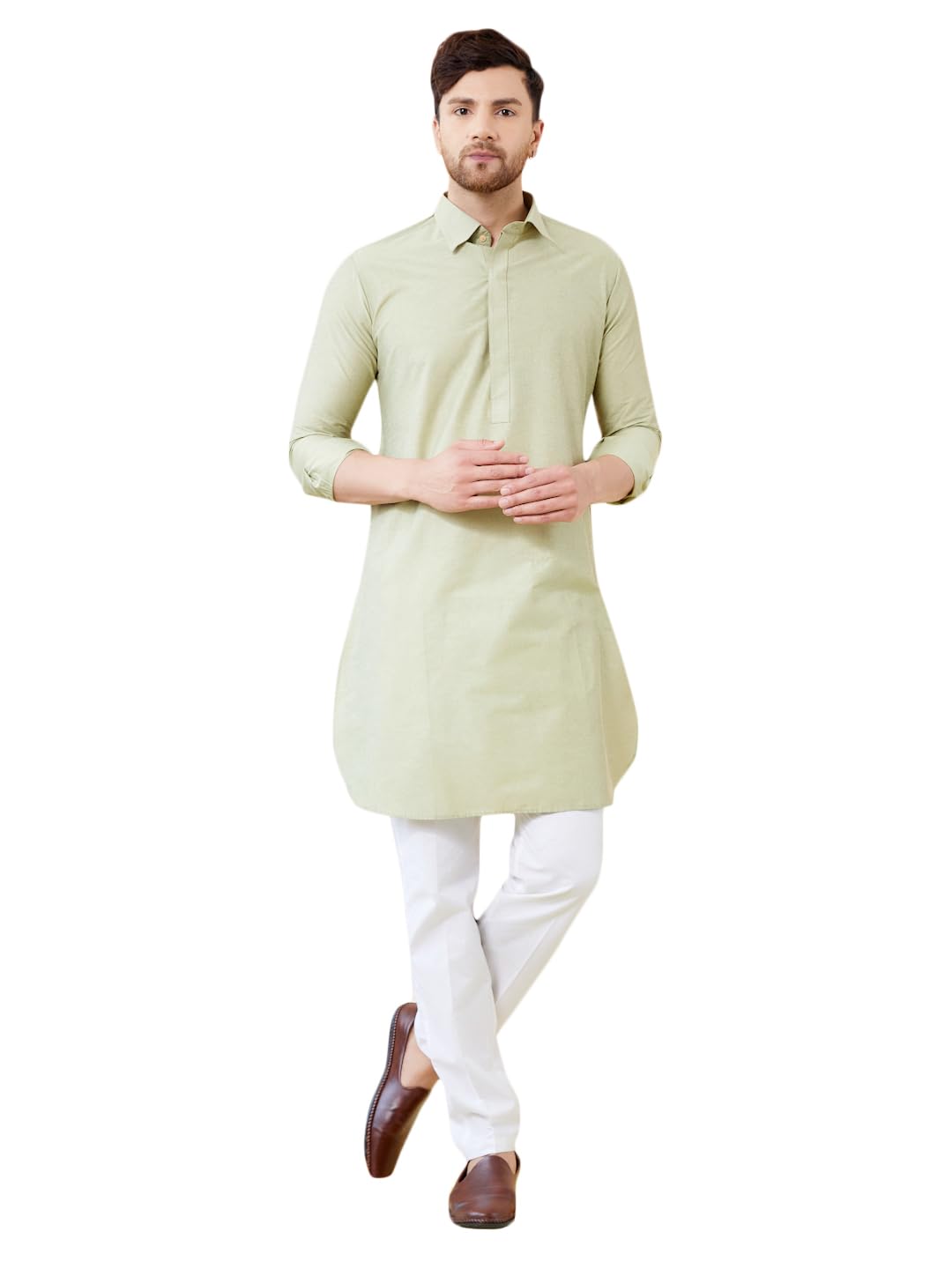 See Designs Men Green Cotton Solid Spread Collar Curved Hem Side Slit Full Sleeve Pathani Kurta With Pyjama - Bnrskt62501Xs
