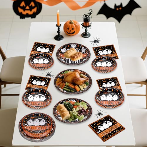 150 Pcs Happy Halloween Plates and Napkins Set - Trick or Treat Ghost Paper Tableware, Disposable Dinner Dessert Paper Plates Napkins Kit for Halloween Table Decorations Party Supplies, Serve 50 — view 5