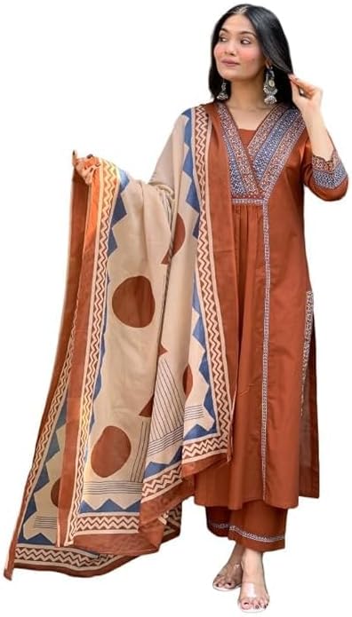 MEERA FAB Women Floral Printed Pure Cotton Straight V-Neck Kurta with Trousers & Dupatta