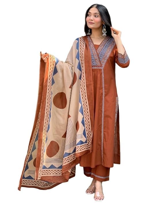 Women Floral Printed Pure Cotton Straignt V-Neck Kurta with Trousers & Dupatta