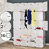 Kleiderschrank - aus Kunststoff, 145/180/37 cm, 2 offene und 16 geschlossene Fächer, 2 Kleiderstangen, Weiß - DIY Modular Kubus Schrank, Garderobenschrank, Steckregal, Regalsystem, Garderobe Würfel