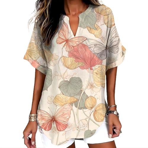 YZCX Women's Boho Butterfly Print Shirt V Neck Short Sleeve Insect Tunic Tops Casual Loose Summer 2026 Trendy Blouses,Butterfly 02,M
