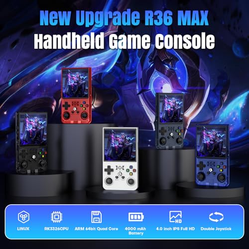 Image of R36MAX Retro Handheld Game Console, 64GB Retro Gaming Console with 4.0 Inch Screen, Portable Video Game Consoles with 4000mAh Battery and Multiple Emulators, Open Linux System (Transparent Red)