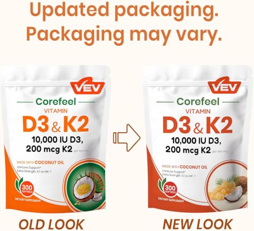 Image of VEV Corefeel Vitamin D3 K2 10,000 IU, 200 mcg MK-7, 300 Coconut Oil Softgels