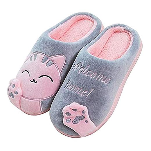 NIBESSER Zapatillas Casa Mujer Hombre Antideslizantes Invierno Pantuflas Peluche Gato Zapatillas de Estar por Casa de Felpa Cálido Suave Pantuflas Animales Divertidas, Gris Rosa, 40/41 EU