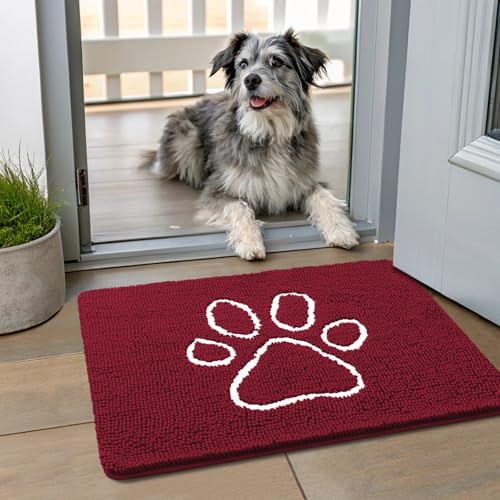 Image of Smiry Dog Door Mat for Muddy Paws, Absorbent Dirt Trapper Non Slip Quick Dry Washable Chenille Mat for Mud Dogs, Entry Rug for Indoor and Outdoor (24x16 Inches, Burgundy and White)