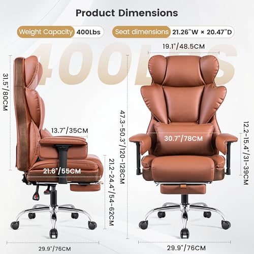 Image of Big & Tall Executive Office Chair 400 LBS, Ergonomic High Back Heavy Duty Computer Chair with Retractable Footrest and Wide Seat, for Heavy People, Brown