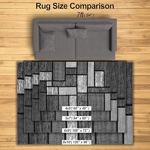 Image of Modern 5x7 Grey-Black Square Geometric Living Room Rug - Area Rugs for Living Room Dining & Bedroom - Hand Carved Runner Carpet - Durable Polyester - Non-Fade Stain-Resistant - Turkish Made