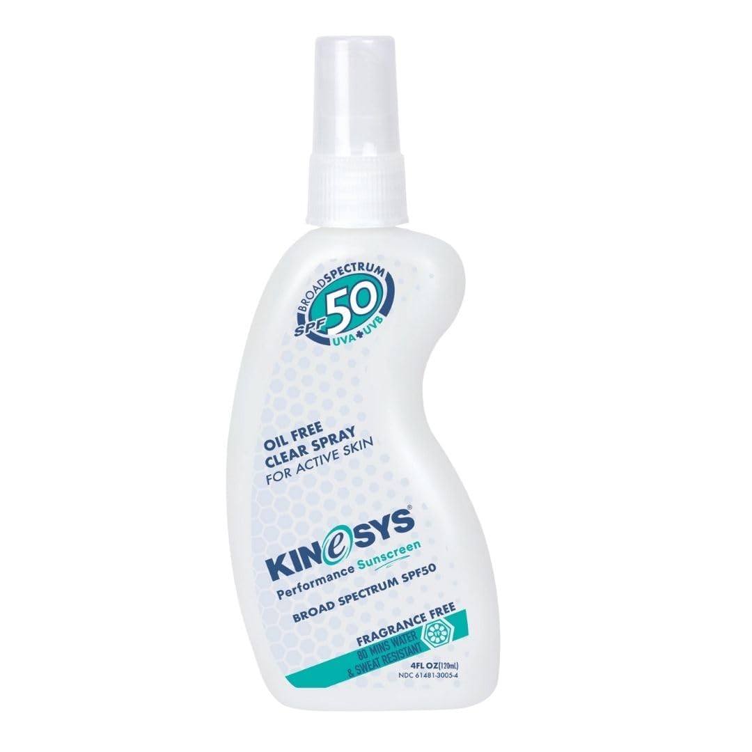 KINeSYS Fragrance Free Clear Spray Sunscreen for sensitive skin, SPF 50, Hypoallergenic, Broad Spectrum UVA/UVB protection for Face & Body; PABA and Oxybenzone FREE, 700+ Sprays, 4 Fl Oz/120 mL