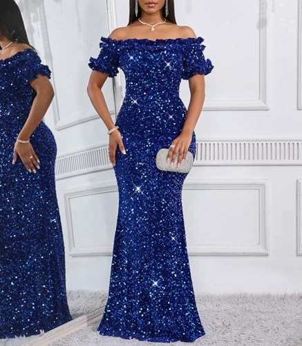 Image of dasmzper Women Sexy Sequin Off Shoulder Ruffle Short Sleeve Bodycon Mermaid Party Formal Evening Maxi Dress