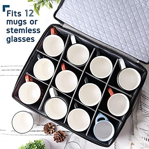 Coffee Mug Storage, 2 Pack Quilted and Stackable Coffee Cup Storage Organizer for Service of 12, Mug Storage Box with Dividers, Mug China Storage Containers Hard Shell for Moving and Seasonal Storage