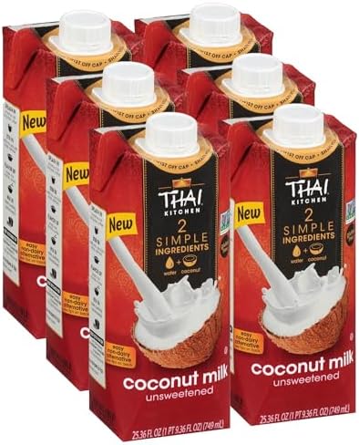 Thai Kitchen Coconut Milk, Unsweetened, Non Dairy Milk Substitute, Gluten Free, Non GMO, Vegan, For Smoothies, Ice Cream, Oatmeal, Coffee, and More, 25.36 fl oz (Pack of 6)