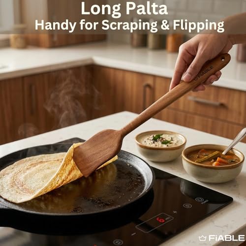 Image of FiABLE Pure Neem Wood Spatula Set for Cooking Dosa, Chapati, paratha and Mixing, No Harmful Polish, Naturally Antimicrobial and Non Stick - Flip & Toss Set of 3
