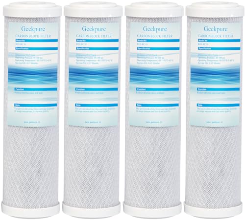 Geekpure 10 Inch Carbon Block Filter Cartridge for RO System, 5 Micron, Pack of 4