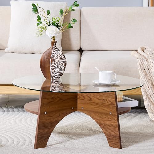 LINKHOO Table Basse Ovale, en Verre de sécurité, piètement composé d'éléments en Forme de Compartiments disposés en Diagonale, et d'une étagère intégrée pour Le Rangement (Noyer-b)