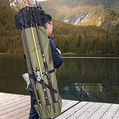 mydays Fishing Rod Bag,Fishing Reel Case,Pole Storage Bag Tackle Carrier Fishing Gear and Equipment Holds 5 Poles & Tackle (Army Green)