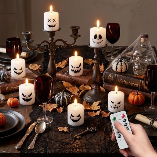 Image of Halloween Flameless Votive Real Wax Candles Battery Operated with Remote | White, 3D Wick Flickering, 2 /4 /6 /8H Timer, LED Light, Halloween Home Decor & Gift, 2 inch x 3.4 inch, 6 pack