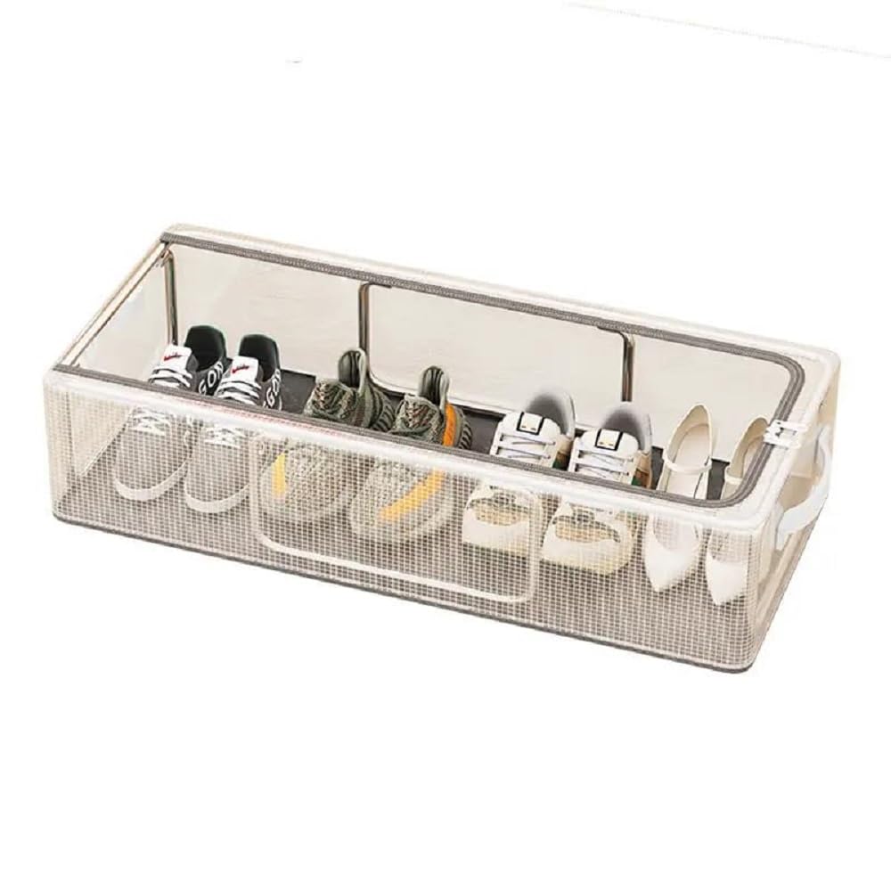 Novaria Under Bed Shoe Storage Organizer Box with Zipper Lid and Transparent Window, Foldable Shoe Storage Container with Handle and Steel Frame