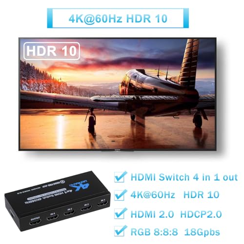 Anber-Tech 4K HDMI Switch 4x1, 4K@60Hz 4 in 1 Out HDMI Switcher Selector with IR Remote Control, Supports HDCP 2.2 UltraHD HDR10 3D HD1080P Dolby DST, HDMI Splitter for PS4 Xbox Apple TV Fire Stick - Thumbnail 4