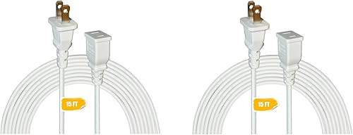 Cable de extensión delgado blanco de 15 pies, cable de extensión de 2 puntas para uso en interiores y exteriores con una sola toma de corriente,