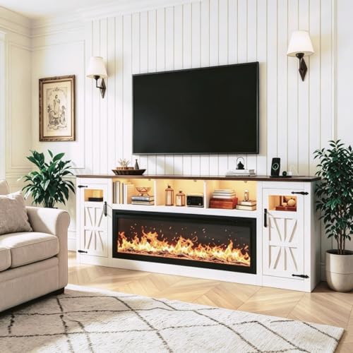 Image of Fireplace TV Stand for 100 Inch TV, 95 inch Farmhouse Entertainment Center with 60 inch Electric Fireplace & LED Lights, Large Media Console for Living Room, Rustic Barn Doors, Power Outlets, Antique White