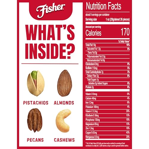 Image of Fisher Snack Oven Roasted Never Fried, Almonds, Cashews, Pecans, Pistachios, Made with Sea Salt, Deluxe Mixed Nuts, 8.75 Oz