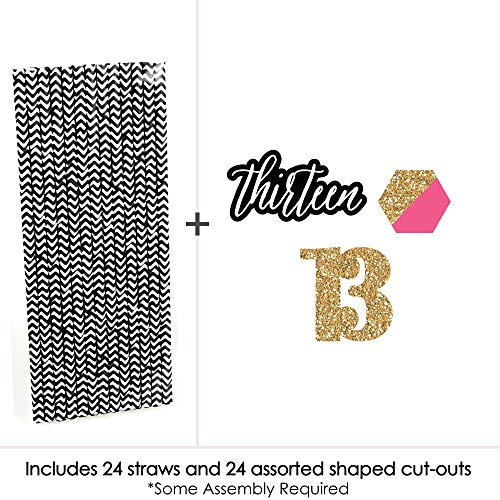 Chic 13Th Birthday - Pink, Black And Gold - Paper Straw Decor - Birthday Party Striped Decorative Straws - Set Of 24 #TOP2