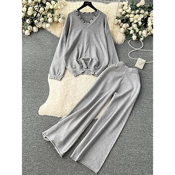 DUOTCYELE Set di Vestiti Lavorati A Maglia da Donna - Abito Casual in Maglia A Maniche Lunghe, vestibilità Ampia, con Pullover A Maniche Lunghe E Pantaloni Larghi A Vita Elastica