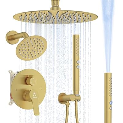 JQBQS Shower System Shower Faucet Set Rainfall Shower Set with Valve 12+6" Dual Rain Shower Head with Handheld Ceiling Mount Wall Mount Shower Head Shower System, Brushed Gold