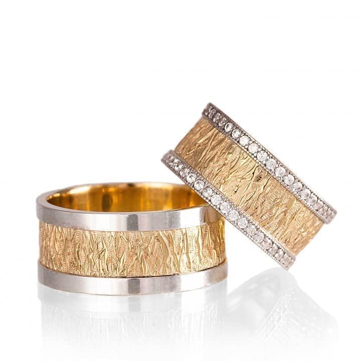 Ehering-Set 14 Karat vergoldet Paar passendes Ehering-Set Personalisierter Mann und Frau Silber-Ehering-Set