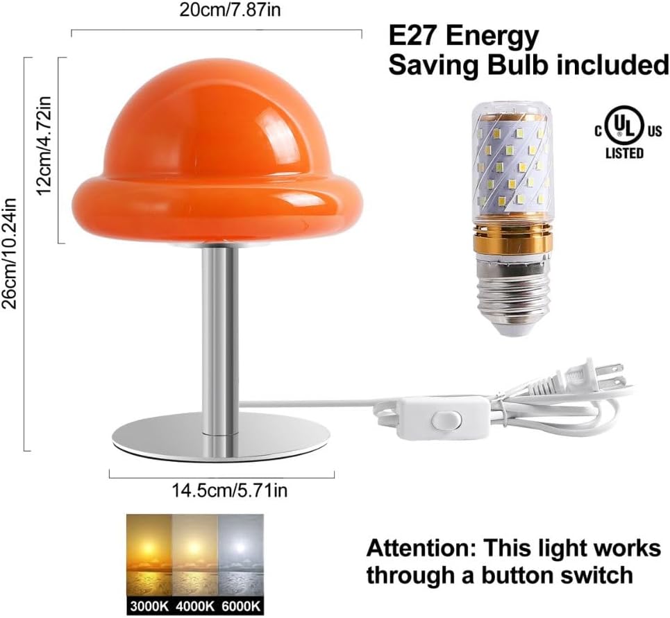 Orange Mushroom Lamp,Mid Century Modern Table Lamp,Warm Lamp for Bedroom,Mushroom Decor for Living Room Nightstands