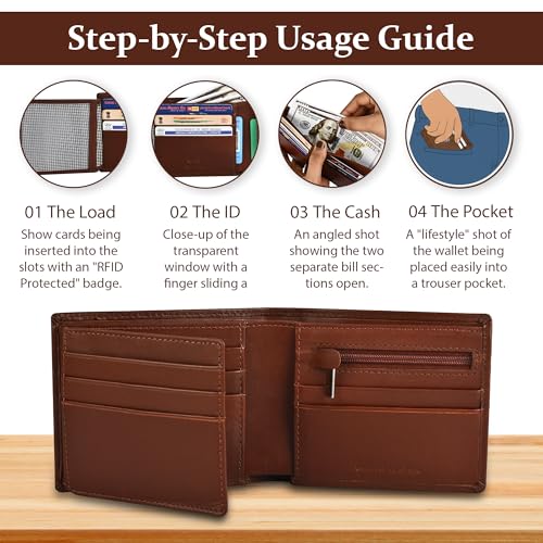 Image of Genuine Leather Wallet for Men Brown | RFID Blocking | Bi fold,Tri fold | Classic Slim,Stylish Mens Wallet with Multiple Card Slots,Coin Pocket & ID Window | Gift for Men