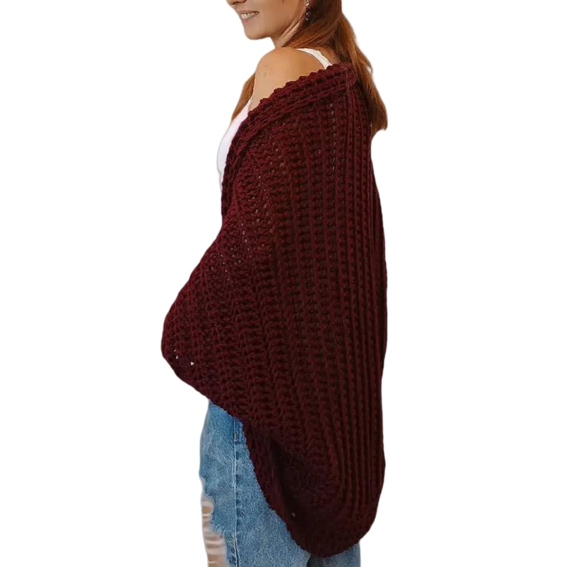 Liuyuyougo Women's Burgundy Red Batwing Sleeve Crochet Cardigan Open Front Hollow Out Shawls Cape Tops Oversized Chunky Knit Sweater Outwear Boho Baggy Cocoon Knitted Cardigan Shrug Coat