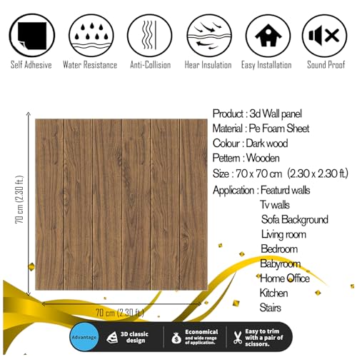 Image of SMEF 3D Foam Wallpaper Wall Panels Self-Adhesive Waterproof PE Foam, Ceiling Wallpaper for Bedroom Furniture, 57.5 Sq.Ft Peel and Stick - 70 x 70 cm (Dark Wooden, Pack of 05)