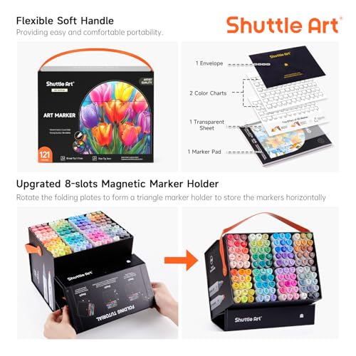Image of Shuttle Art 121 Colors Dual Tip Alcohol Based Art Markers,120 Colors plus 1 Blender Permanent Marker 1 Marker Pad with Case Perfect for Kids Adult Coloring Books Sketching Card Making