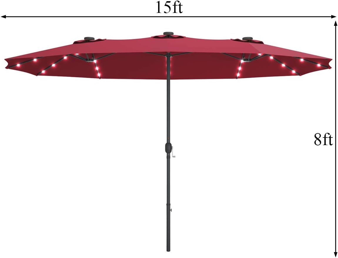 Tangkula 15 Ft Double Sided Patio Umbrella with Solar Lights, Extra Large Rectangle Outdoor Umbrella with 36 LED Lights & Crank Handle for Deck, Poolside, Garden, Backyard (Burgundy)