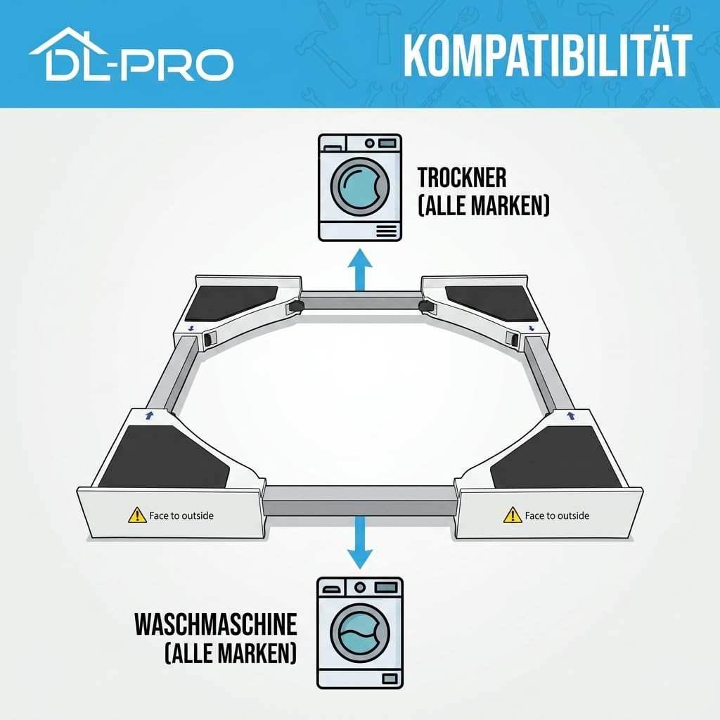 DL-PRO Universal Zwischenbaurahmen 43–68 cm Set | Verbindungsrahmen für Waschmaschine Trockner stapeln mit Ratschenseil | kompatibel mit Bosch Siemens Miele AEG Samsung LG Bauknecht