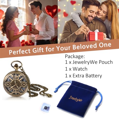 Image of JewelryWe Vintage Pocket Watch Cool Gear Steampunk Retro Pendant Necklace Watches for Men Women Halloween Costumes Daily and Office