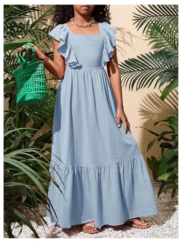 SHENHE Girl's Summer Tie Back Bow Flutter Sleeve Square Neck Ruffle Hem Swing Maxi Dress2
