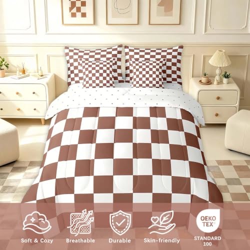 Image of Feelyou Checkered 7 Piece Bedding Set Teen Coffee Brown White Plaid Comforter Set with Sheets Twin Size Kids Boys Cute Retro Neutral Checkerboard Geometric Bed in a Bag Vintage Aesthetic Room Decor