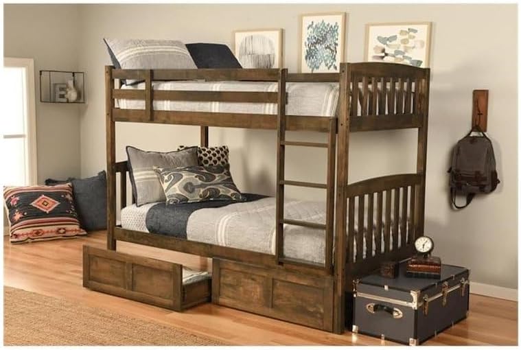 Kodiak Furniture Claire Wood Twin Over Twin Bunk Bed with Storage Drawers in Rustic Walnut Brown Finish - Mattresses Not Included