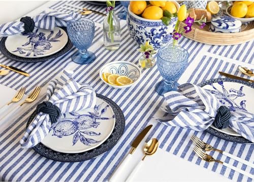 Image of Cotton Mercerised Dining Table Napkins, Set of 4, Solid Plain Colour, Heavy Weight,More Than 2 cm Mitered Hem,Washable at 40C (Blue Stripe, 45 X 45 Cms)