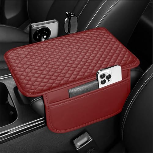 Image of Lyrovo PU Leather Car Armrest Cushion Pad With Side Pockets, Universal Fit for All Car (Maroon)