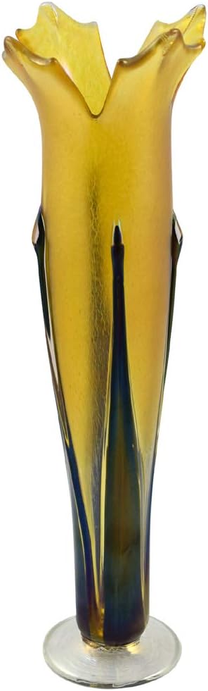 American Hand-Blown Iridescent Glass Vase in Topaz Gold 13" Tall